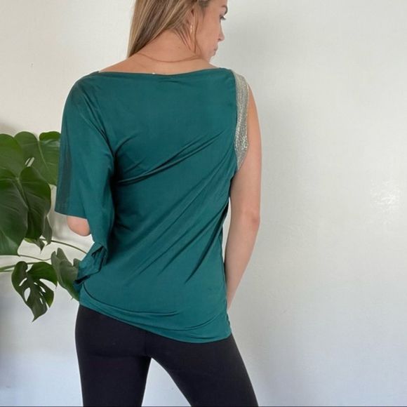 Robbi & Nikki 💚 One Sleeve Blouse Silver Beaded Lined - Picture 12 of 12